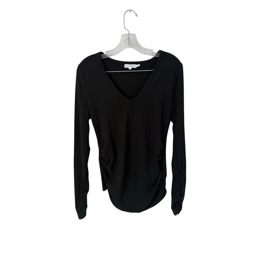Good America Black Long Sleeve Side Ruched V Neck Top Size Large (3)